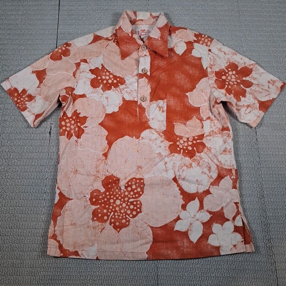 Vtg 70s Sears Hawaiian Tiki Camp Shirt Orange Floral L 44" READ